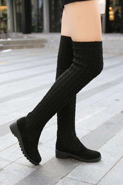 Black Knitted Wool High Barrel Flat Bottomed Over Knee Elastic Boots