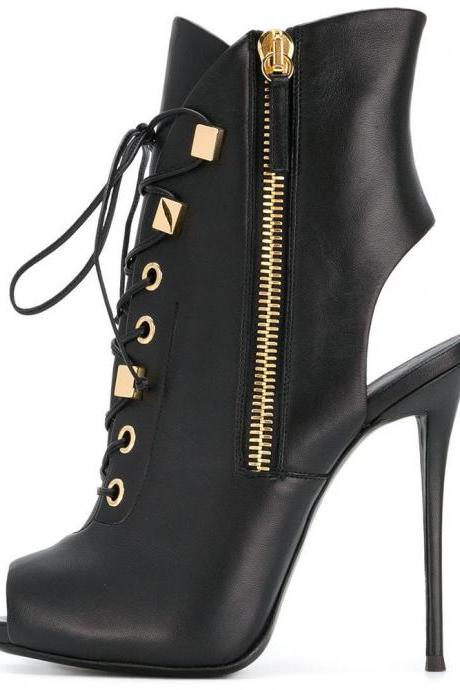 Black Fish Mouth Super High Heel Ankle Boots