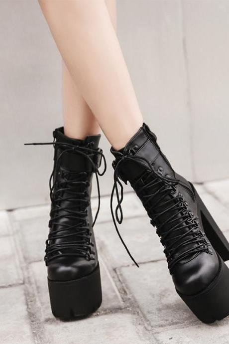 Thick Heel Lace Up Boots
