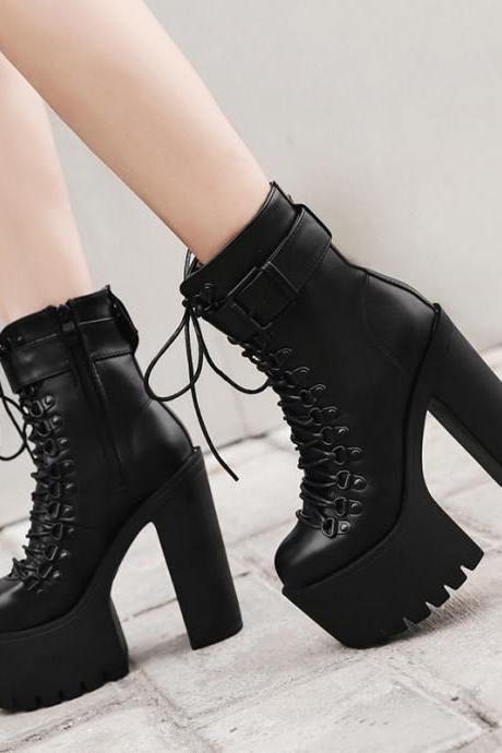 Thick Heel Lace Up Boots