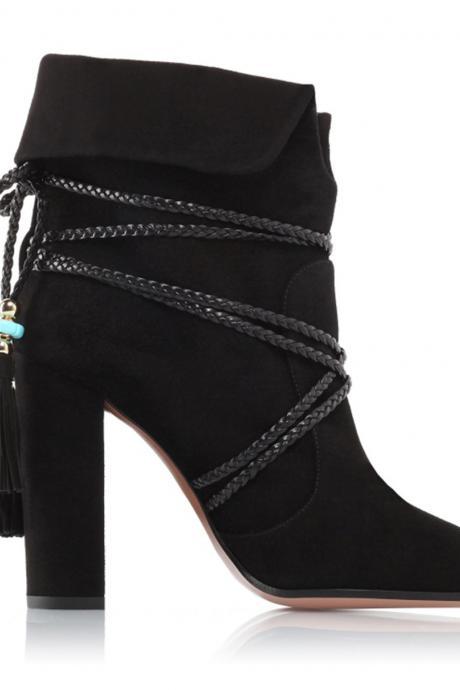 Black Autumn And Winter Thick Heel Strap Tassel Ankle Boots