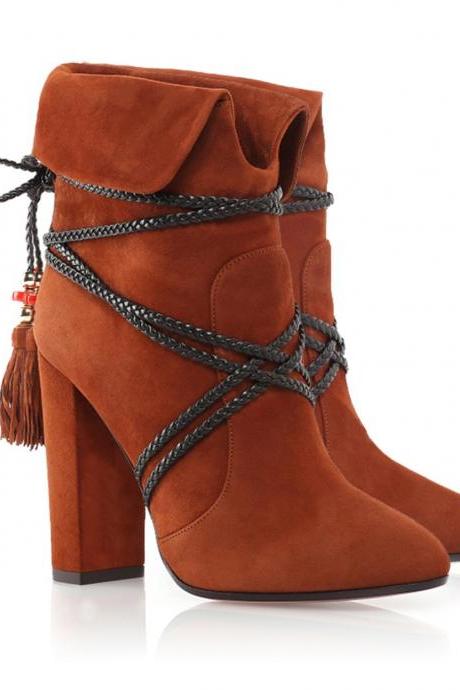 Brown Autumn And Winter Thick Heel Strap Tassel Ankle Boots