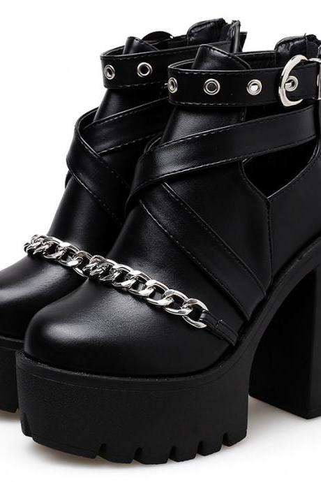 Metal Chain Black Thick Heel Boots