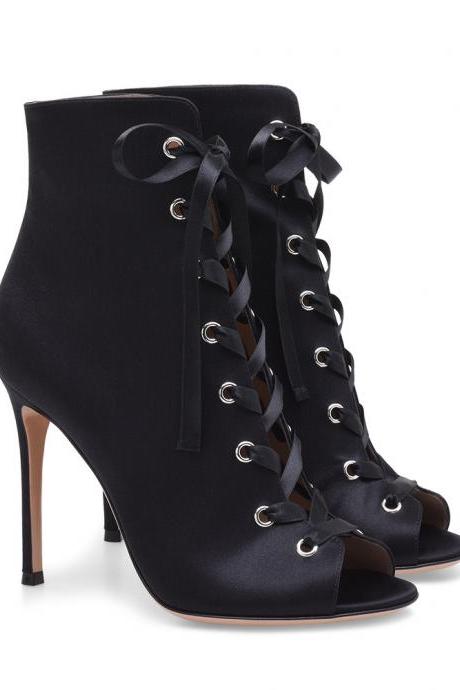 Black(Sardine) Ultra High Heel Fish Mouth Lace Up Boots