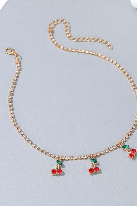 Golden Retro fashion simple Rhinestone cherry Necklace