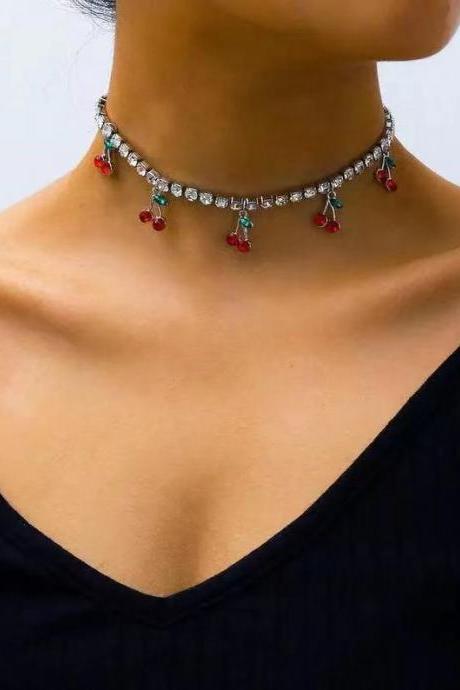 Silvery Retro fashion simple Rhinestone cherry Necklace