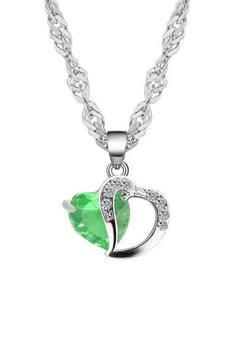 Green Peach Heart Shaped Zircon Crystal Necklace Collarbone Chain Sweater Chain
