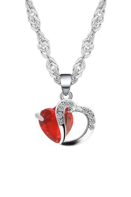 Red Peach Heart Shaped Zircon Crystal Necklace Collarbone Chain Sweater Chain