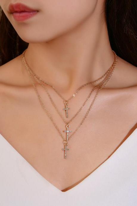 Diamond inlaid multilayer Cross Necklace