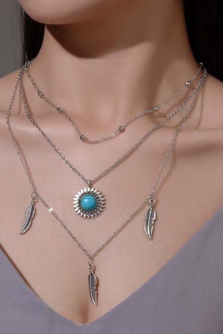 Multi Layer Turquoise Necklace Retro Three-layer Sunflower Leaf Pendant Bohemian Style Jewelry