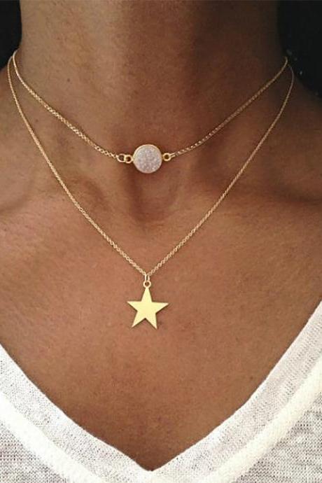 Five Pointed Star Frosted Gem Multi-layer Necklace