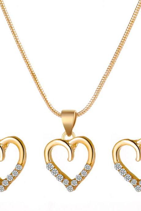 Love Necklace Earrings Set Metal Zircon Peach Heart Sweater Chain Two Piece Set Of Accessories