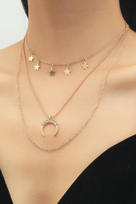 Five Pointed Star Multi-layer Pendant Necklace Moon Three-layer Clavicle Chain