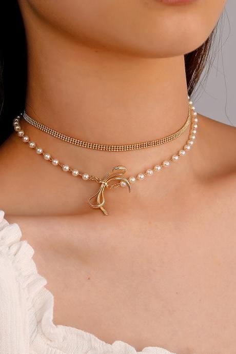 Golden Double Layer Butterfly Pearl Necklace