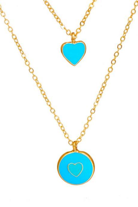Blue Multicolor oil dripping peach heart lock multi-layer Necklace