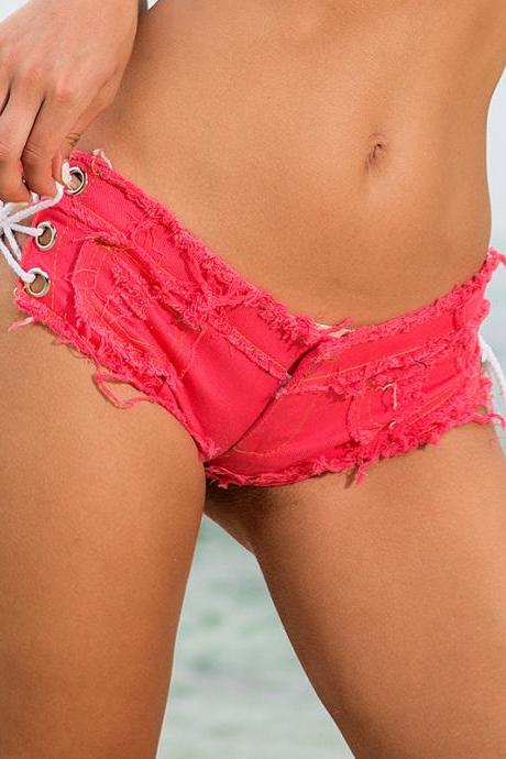 Rose Red Cut Out Strap Low Waist Denim Shorts