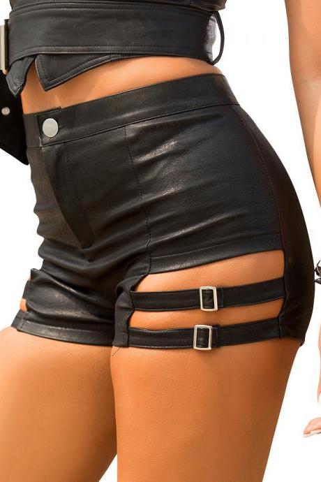 Super Short Imitation Leather Black Nightclub Shorts