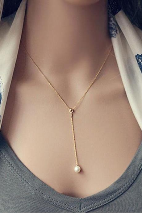 Golden Y-shaped adjustable single imitation pearl necklace female clavicle chain