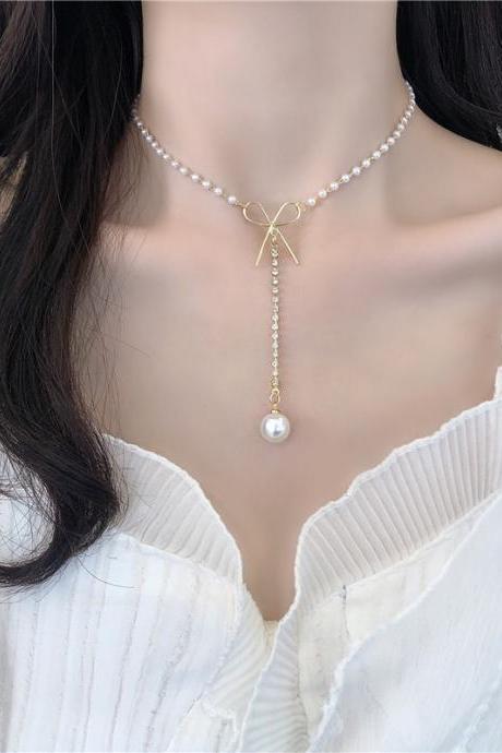 Bow Pearl Necklace Clavicle Chain