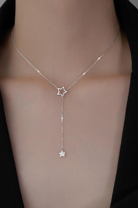 Silvery Diamond Star Necklace Hollow Clavicle Chain