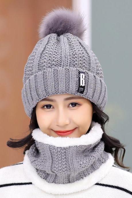 Gray Plush Wool Hat Autumn Winter Knitted Warm Hat