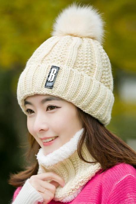 Beige Plush wool hat autumn winter knitted warm hat
