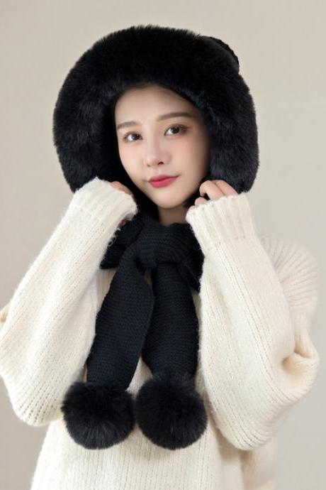 Black Plush warm knitted wool hat autumn and winter hat scarf integrated hat