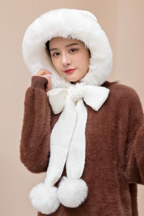 White Plush warm knitted wool hat autumn and winter hat scarf integrated hat