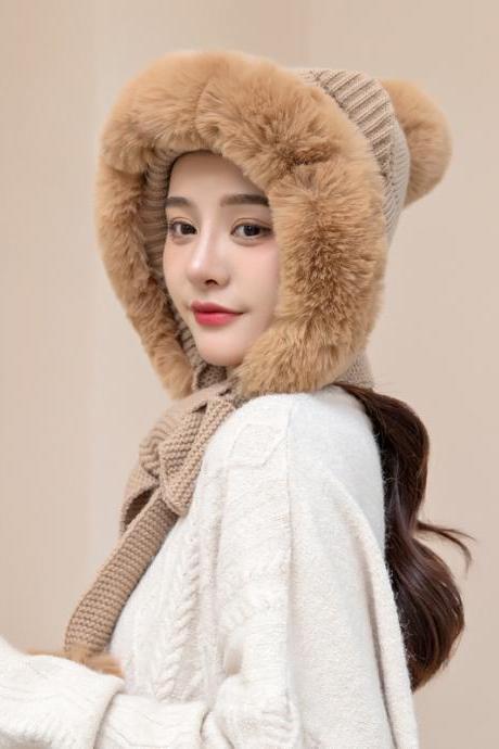 Khaki Plush warm knitted wool hat autumn and winter hat scarf integrated hat