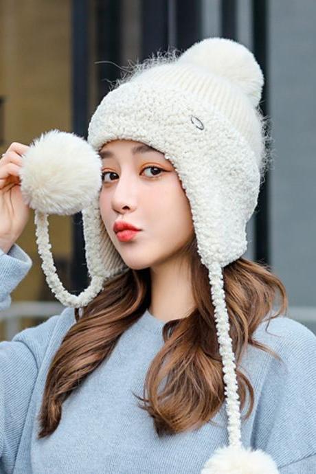 White Winter thickened knitted wool cap ear protection cap