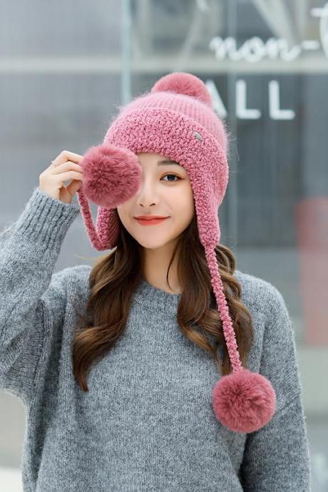 Pink Winter Thickened Knitted Wool Cap Ear Protection Cap