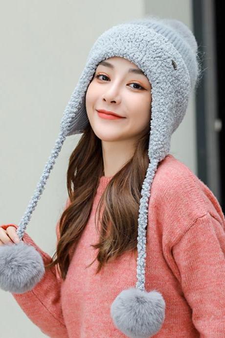 Gray Thickened Knitted Wool Cap Ear Protection Cap