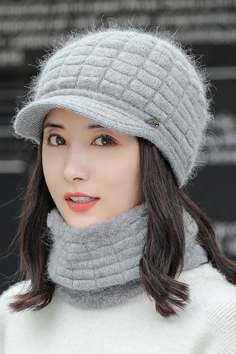 Gray Warm Scarf Versatile Knitted Winter Cold Proof Wool Hat Set