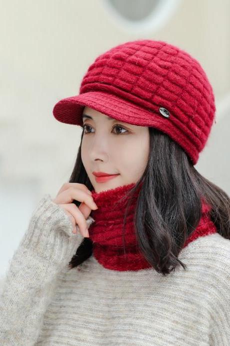 Red Warm Scarf Versatile Knitted Winter Cold Proof Wool Hat Set