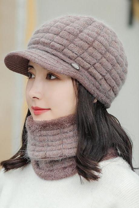 Khaki Warm scarf versatile knitted winter cold proof wool hat set