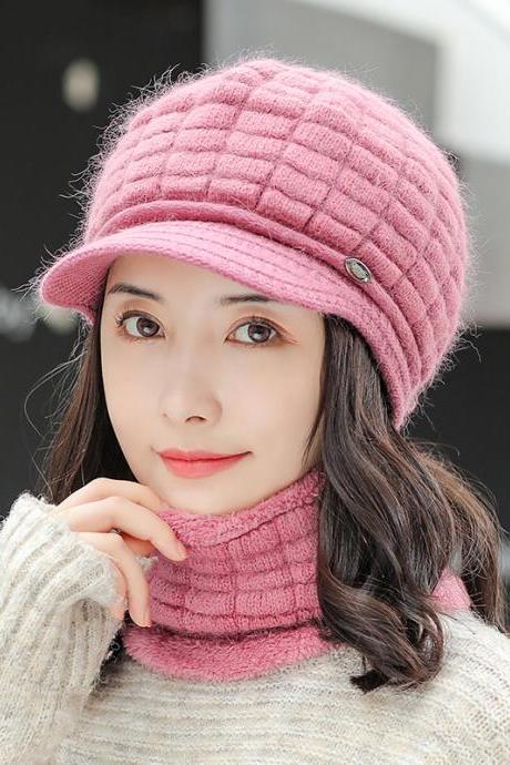 Pink Warm scarf versatile knitted winter cold proof wool hat set