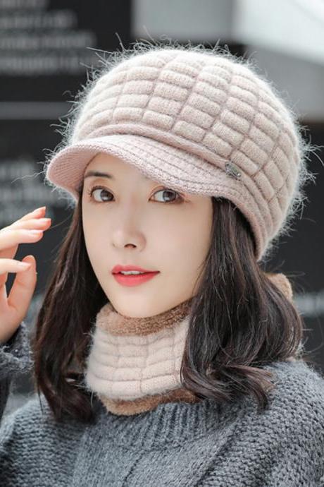 Beige Warm scarf versatile knitted winter cold proof wool hat set
