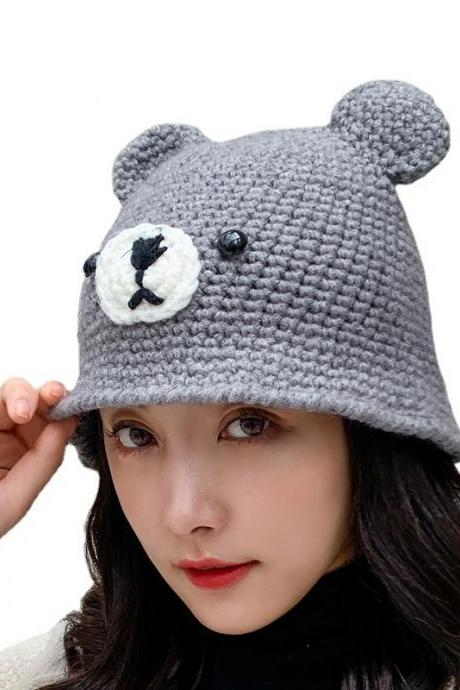Gray Little bear ear knitted wool hat warm hat