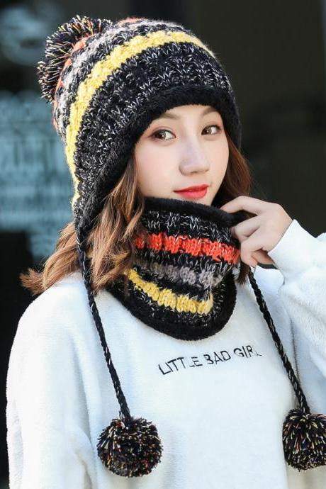 Black Autumn And Winter Plush Ear Protection Knitted Hat