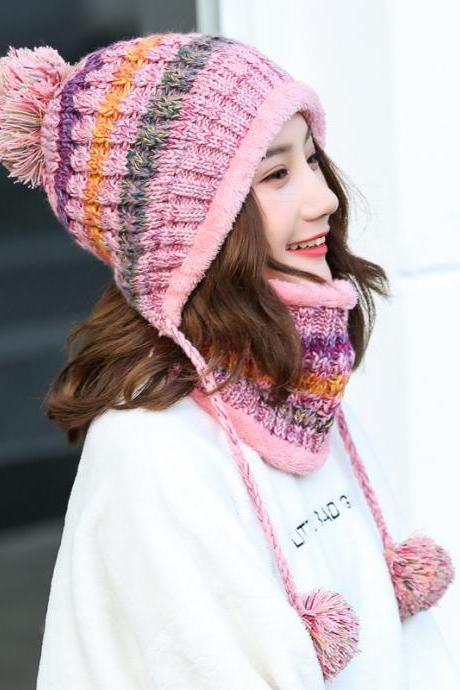 Pink Autumn and winter Plush ear protection knitted hat