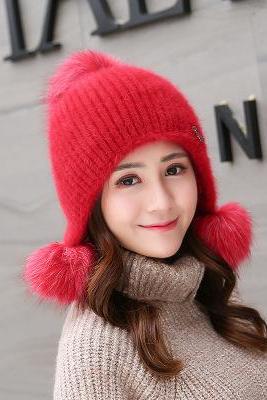 Red Autumn And Winter Plush Ear Protection Knitted Hat