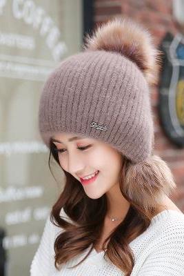 Coffee Autumn And Winter Plush Ear Protection Knitted Hat