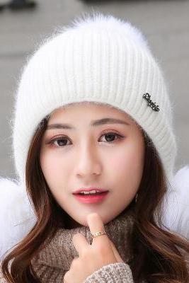 White Autumn And Winter Plush Ear Protection Knitted Hat