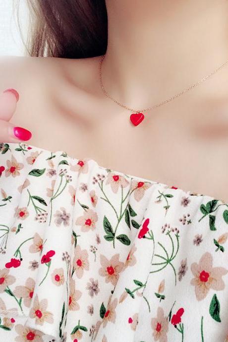Red Heart Heart Shaped Pendant Collarbone Chain Necklace