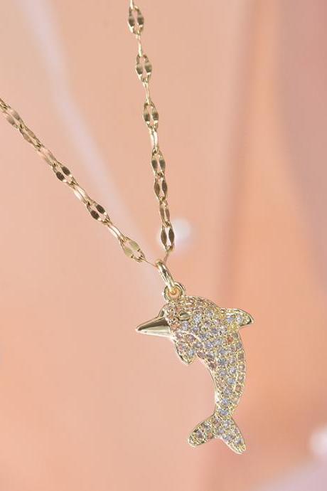 Titanium steel gold diamond studded Dolphin Necklace
