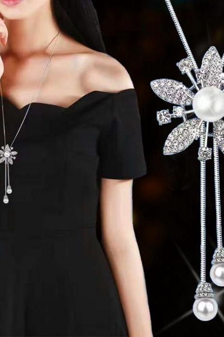 Pearl Sweater Chain Autumn Winter Flower Diamond Tassel Necklace