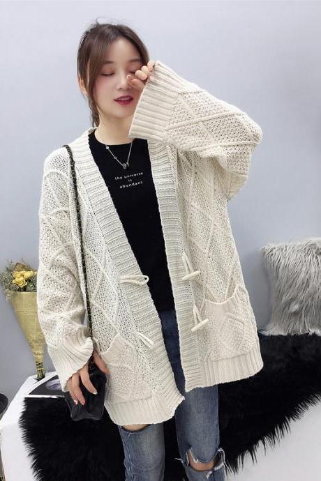 Beige Cable Knit Solid Pockets Loose Dropped Shoulder Sweater
