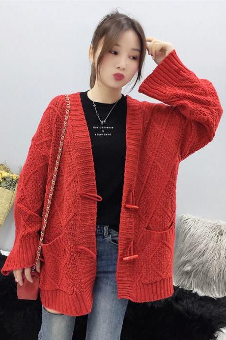 Red Cable Knit Solid Pockets Loose Dropped Shoulder Sweater