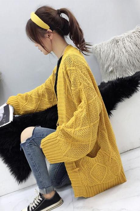 Yellow Cable Knit Solid Pockets Loose Dropped Shoulder Sweater