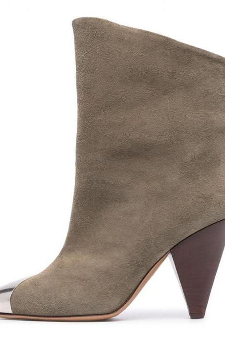 Khaki Autumn And Winter New High-Heeled Cowhide Pointed Fashion Short Boots